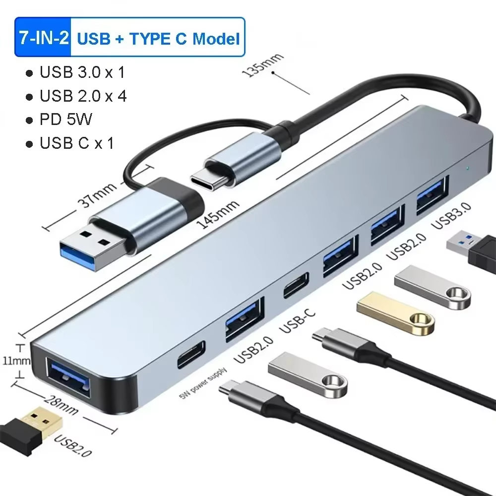 Smart Home Hub 2 - 7-in-2 USB-C-Hub-Erweiterungsadapter, Multiport-Adapter, Typ-C-Splitter-Dock, USB-3-Port für