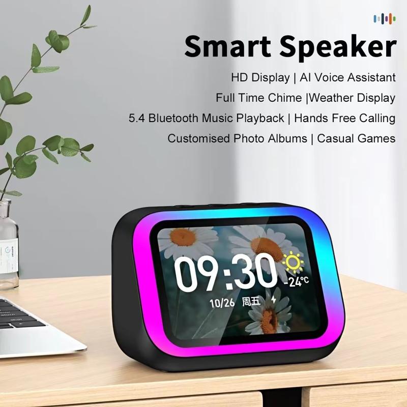 Smart Home Theater - KI-Sprachassistent Bluetooth-Lautsprecher mit RGB-Farbbeleuchtung, Wecker, LED-Bildschirm,